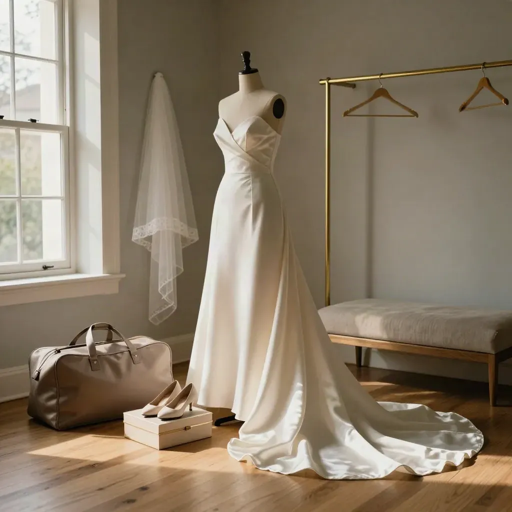 Ivory bridal gown on a dress form beside a garment bag and shoe box in warm window light.