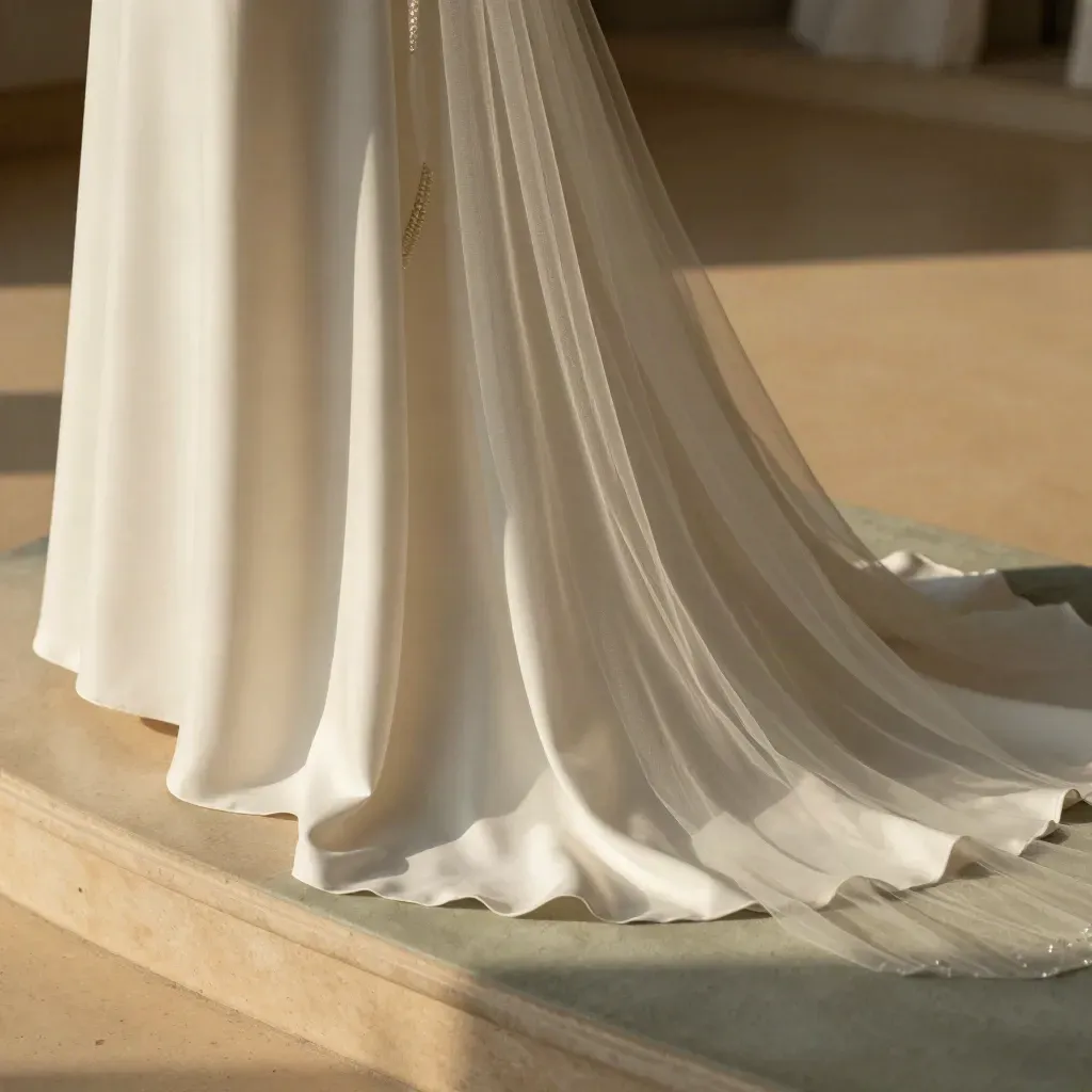 Bridal gown on dress form with veil settling and pearl comb in soft sage light.